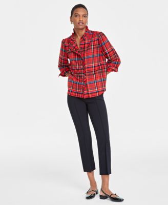 Women's Festive Plaid Ruffle-Neck Flannel Shirt, Created for Macy's
