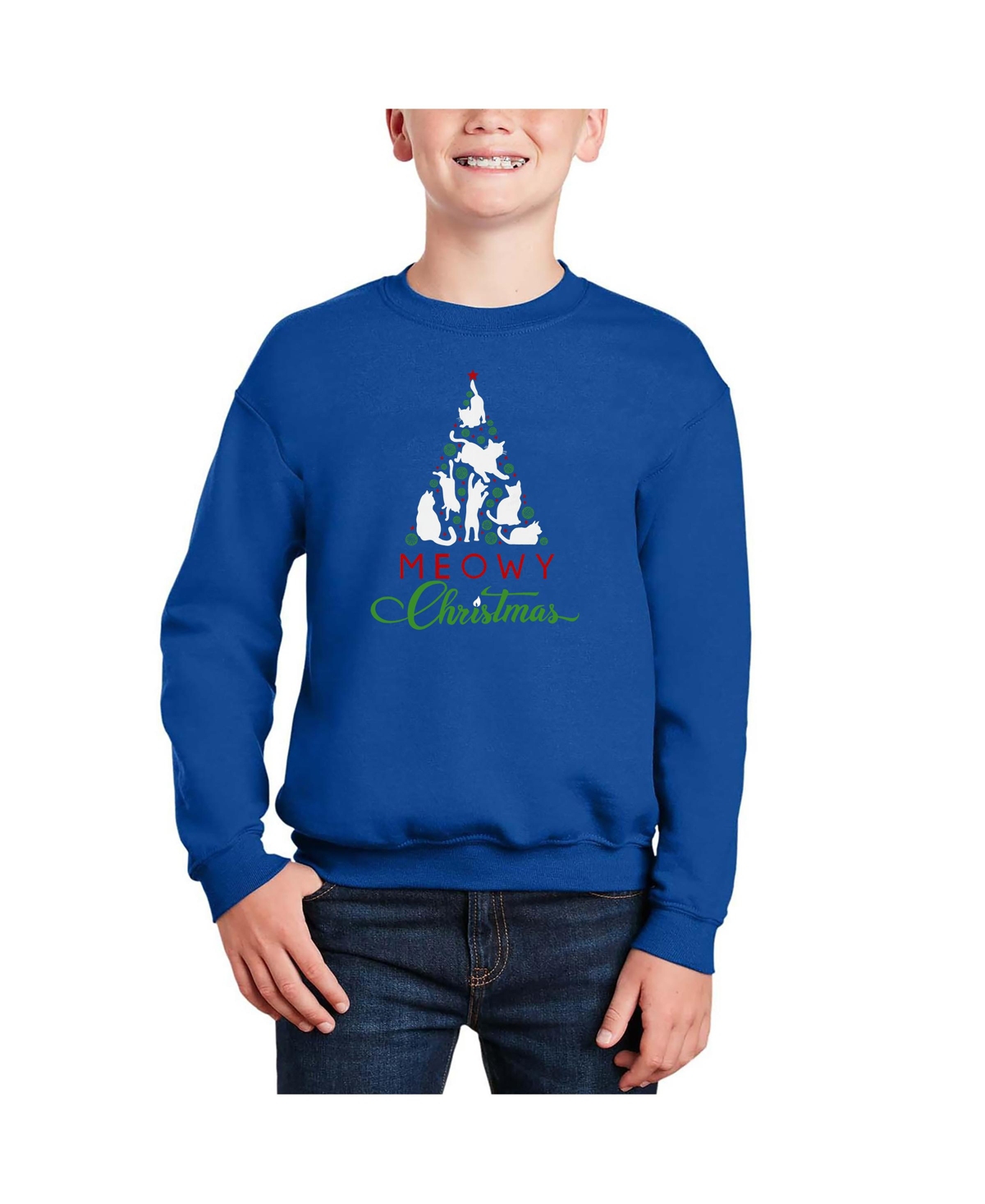 La Pop Art Boys Meowy Christmas Tree Word Art Crewneck Sweatshirt
