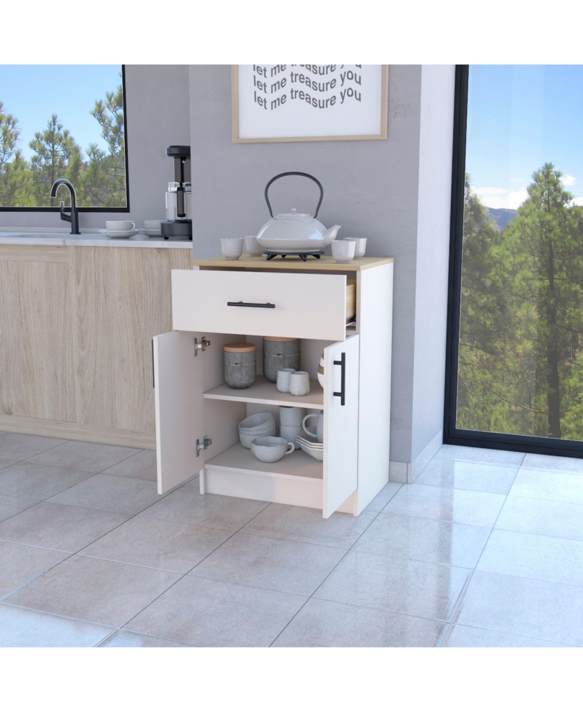 Fm Furniture Cope kitchen Pantry in melamine with 2 doors and 1 drawer, natural Oak - Ivory/natural oak