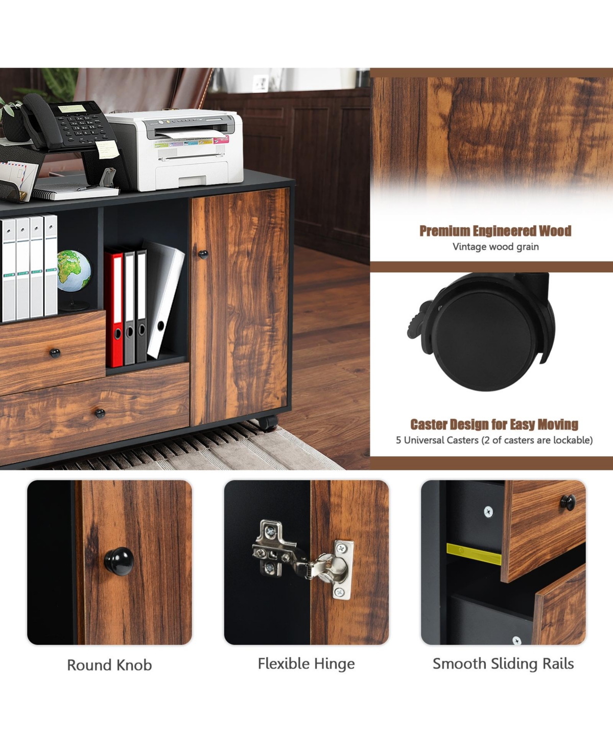 Sugift Mobile Filing Cabinet 2 Drawers with Open Shelves