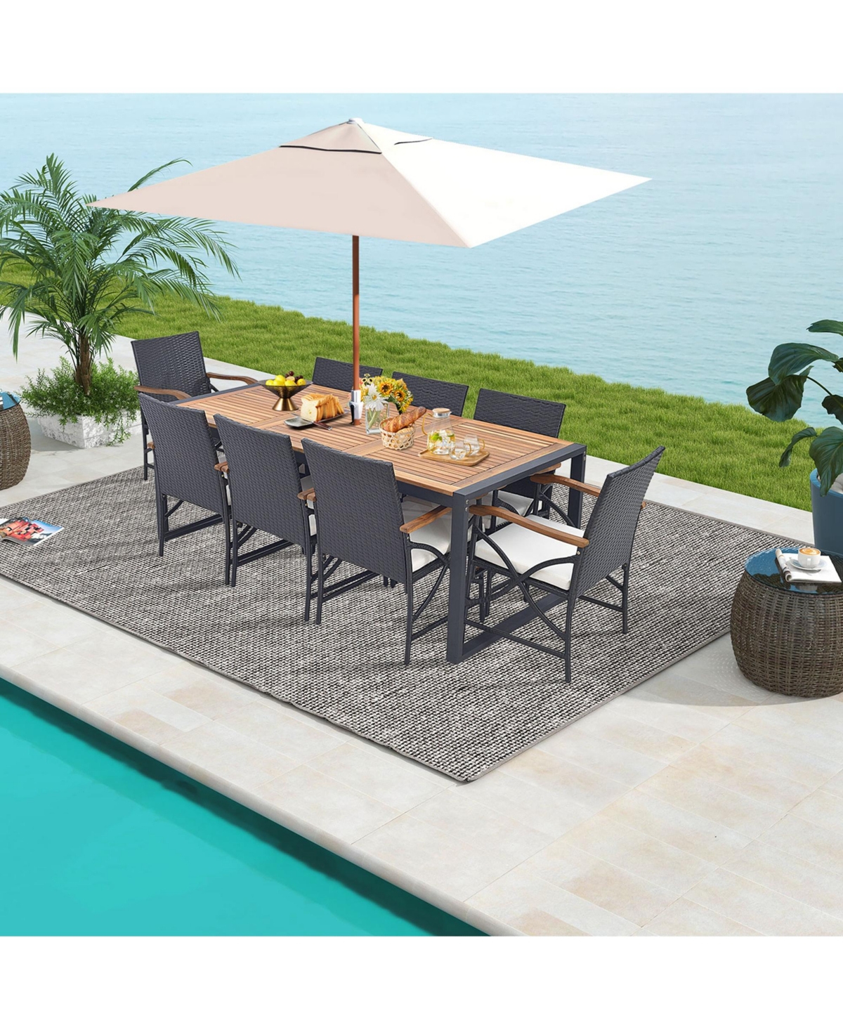 Costway 9 Pieces Patio Rattan Dining Set with Acacia Wood Table, Umbrella Hole