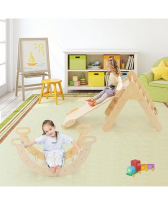 2-in-1 Wooden Kids Climber Toys with Triangle Arch Ramp