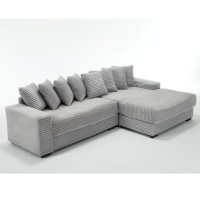 Cozy Grey Corduroy L-Shaped Sofa with Chaise, Armrests, and Pillows
