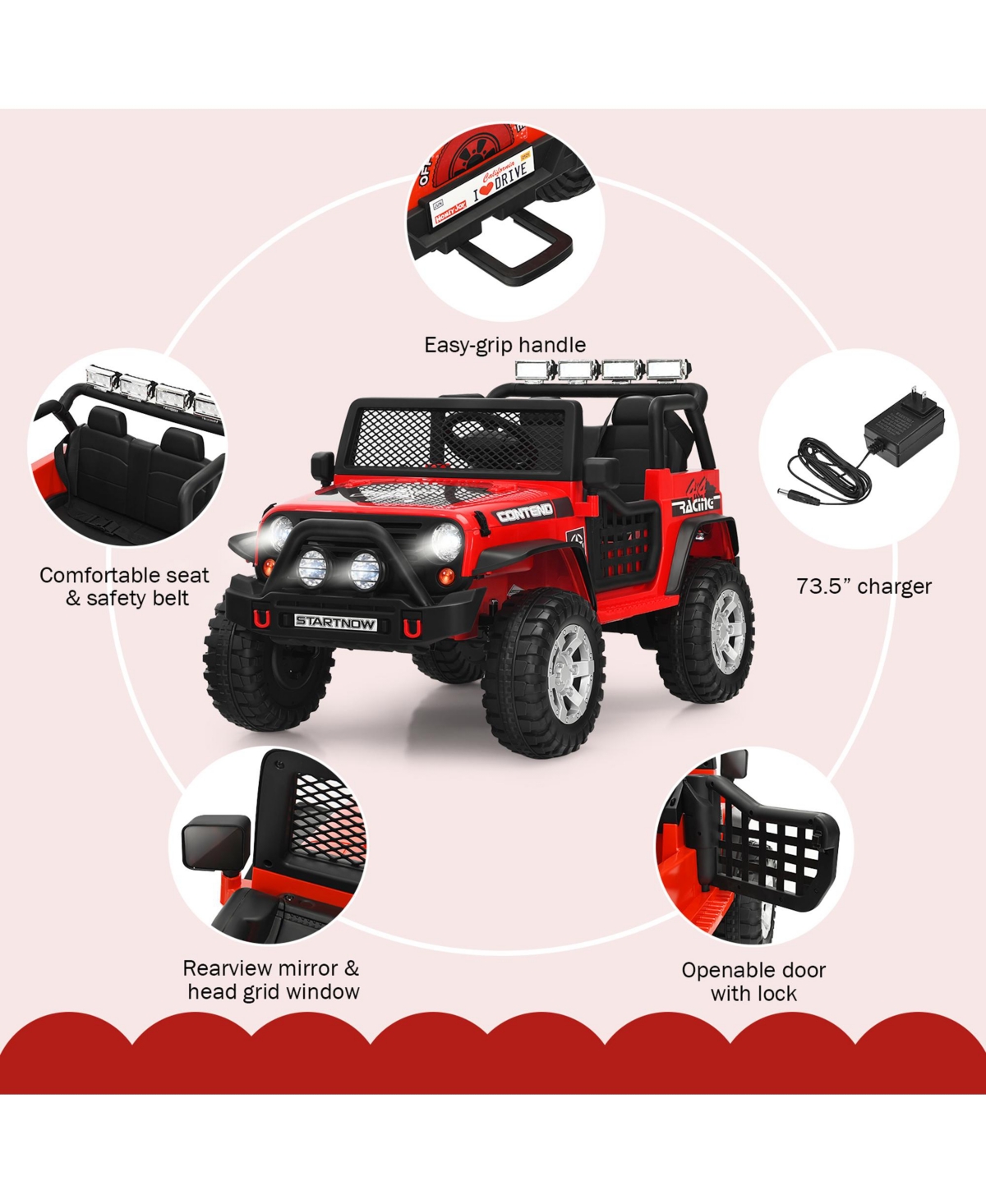 Gymax 12V Electric Kids Ride On Car Truck w/ MP3 Horn Remote Control Black - Red+black