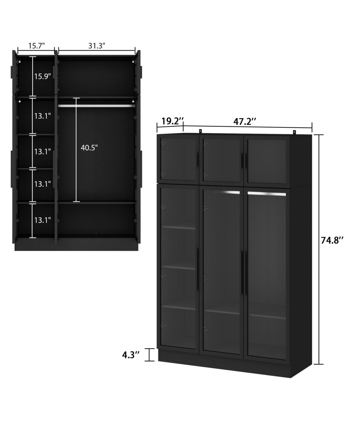 FamapyWood Glass Doors Armoires Metal Frame Wardwore with Led Light - Black