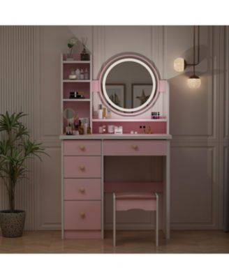 Light Mirror 5-Drawers White  Makeup Vanity Set Dressing Desk