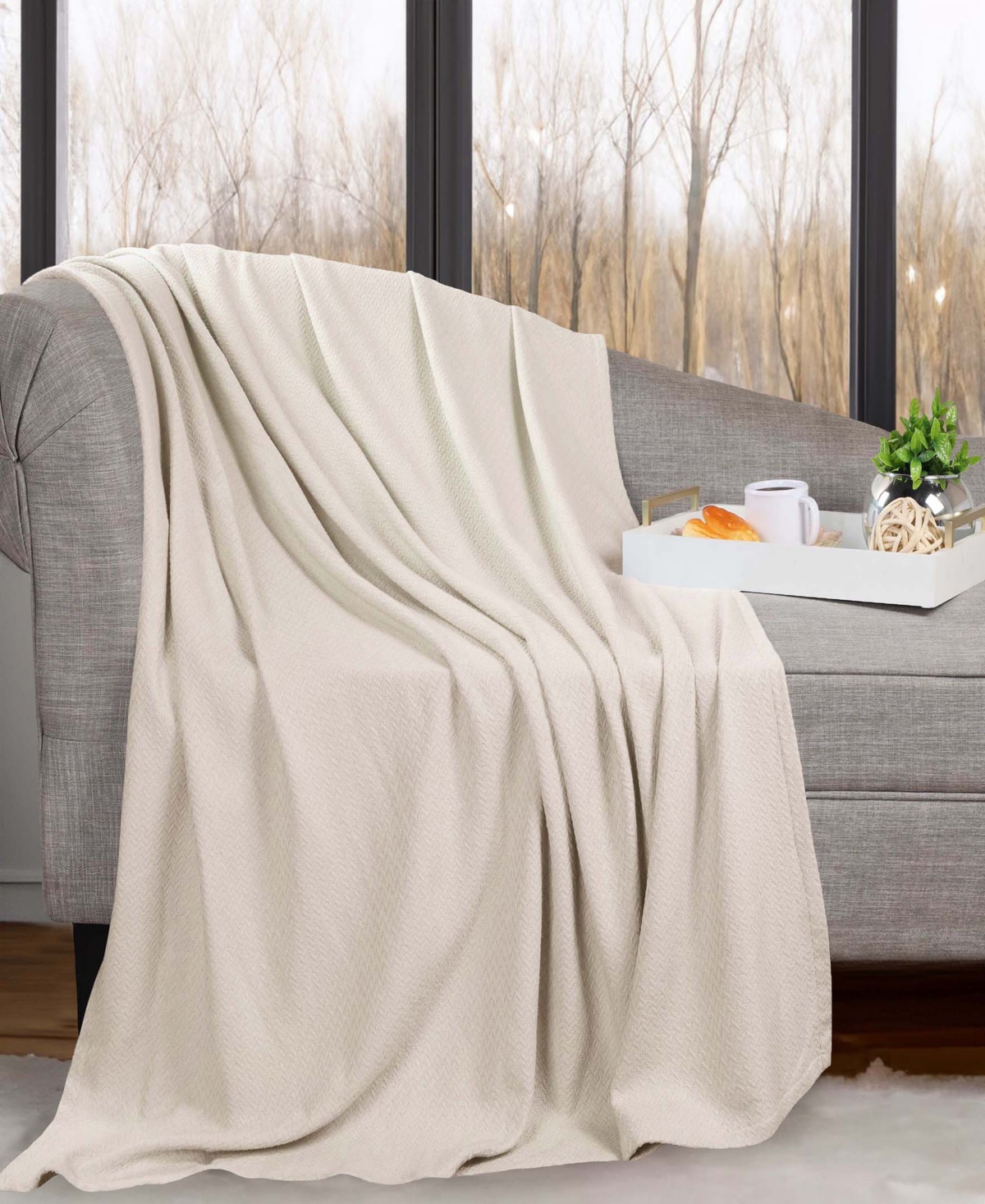 Superior Nobel Cotton Jacquard Dobby Weave Textured Chevron Lightweight Woven Throw, 50" X 60" In Ivory