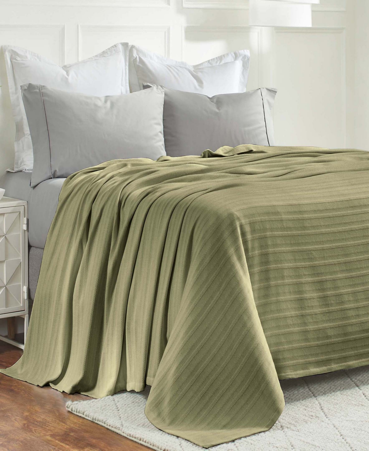 Shop Superior Clara Cotton Textured Striped Lightweight Woven Blanket, King In Sage