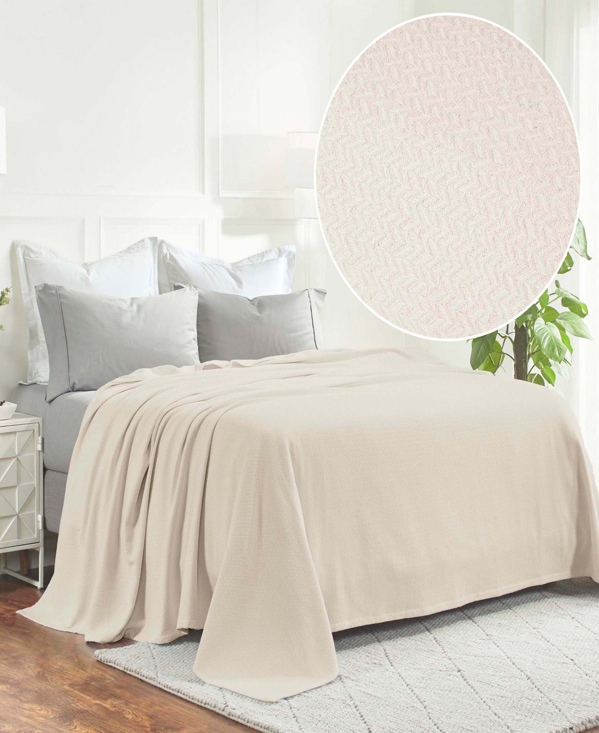 Superior Nobel Cotton Jacquard Dobby Weave Textured Chevron Lightweight Woven Blanket, King In Ivory