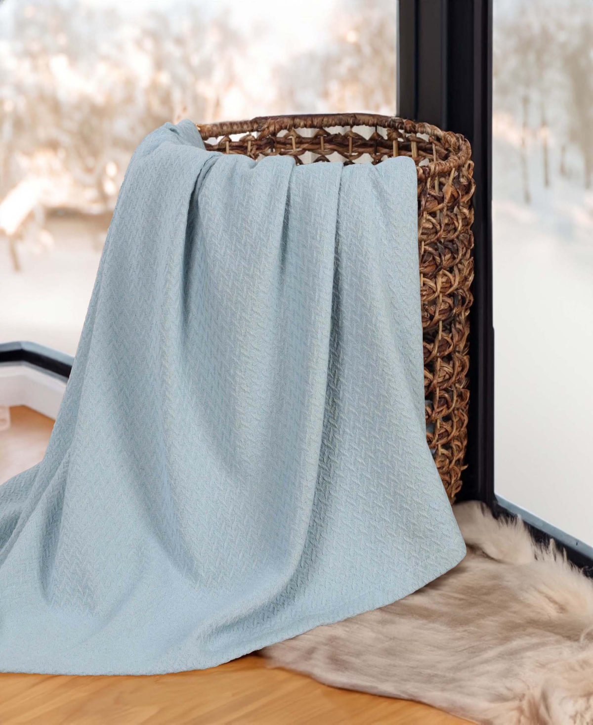 Superior Nobel Cotton Jacquard Dobby Weave Textured Chevron Lightweight Woven Throw, 50" X 60" In Light Blue