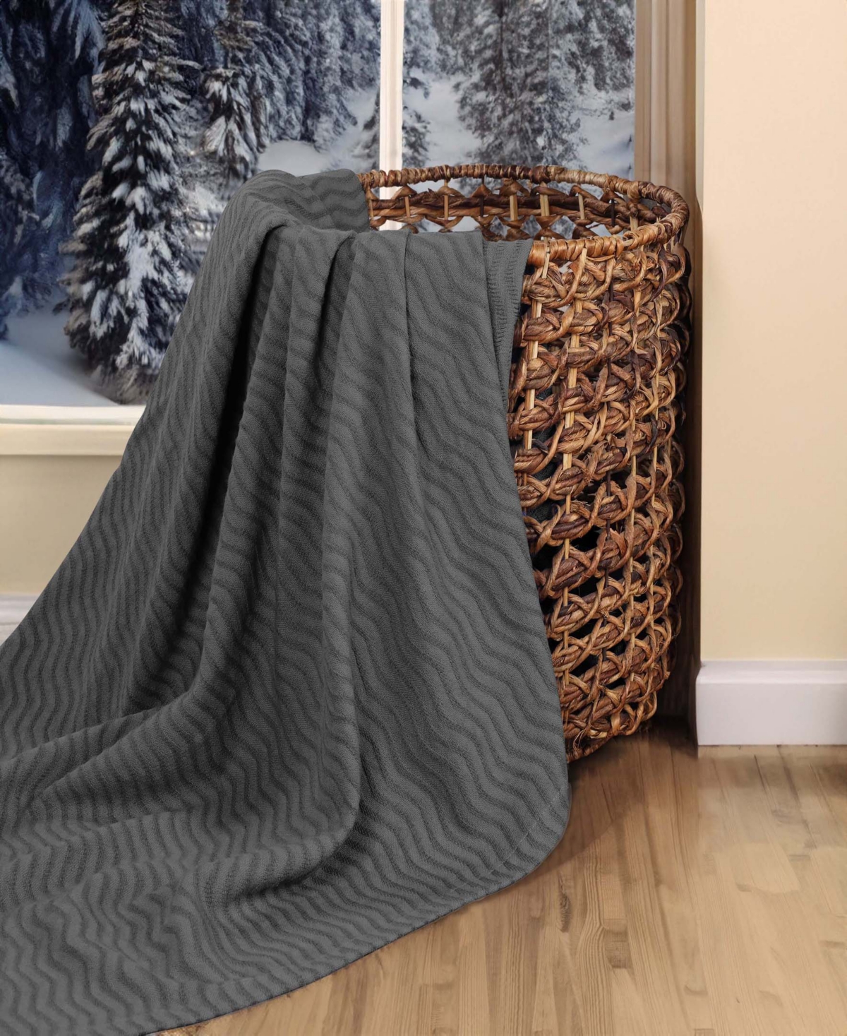Superior Jena Cotton Textured Chevron Lightweight Woven Blanket, Twin In Charcoal
