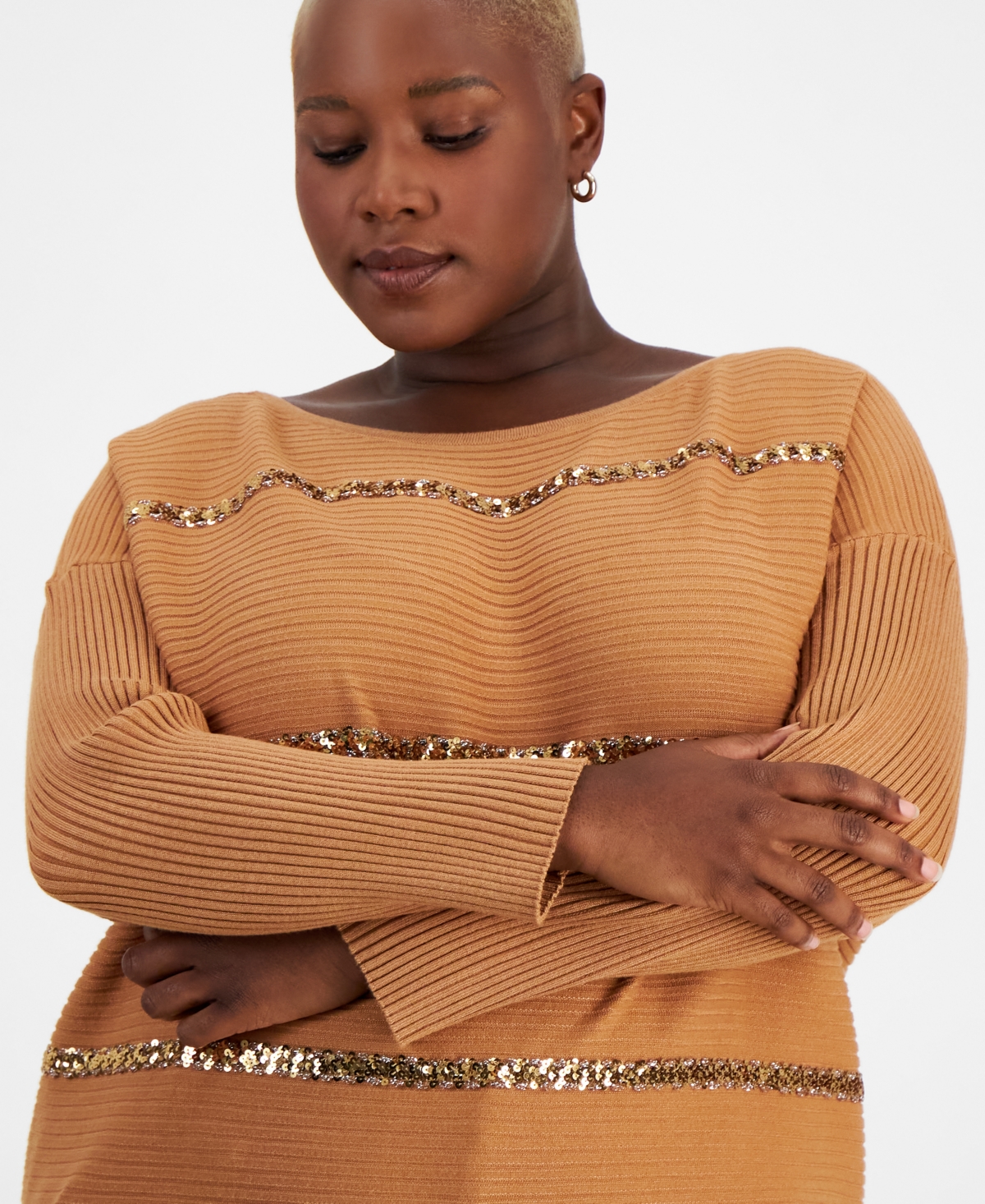 JM COLLECTION PLUS SIZE SEQUIN-STRIPE BOAT-NECK SWEATER, CREATED FOR MACY'S 