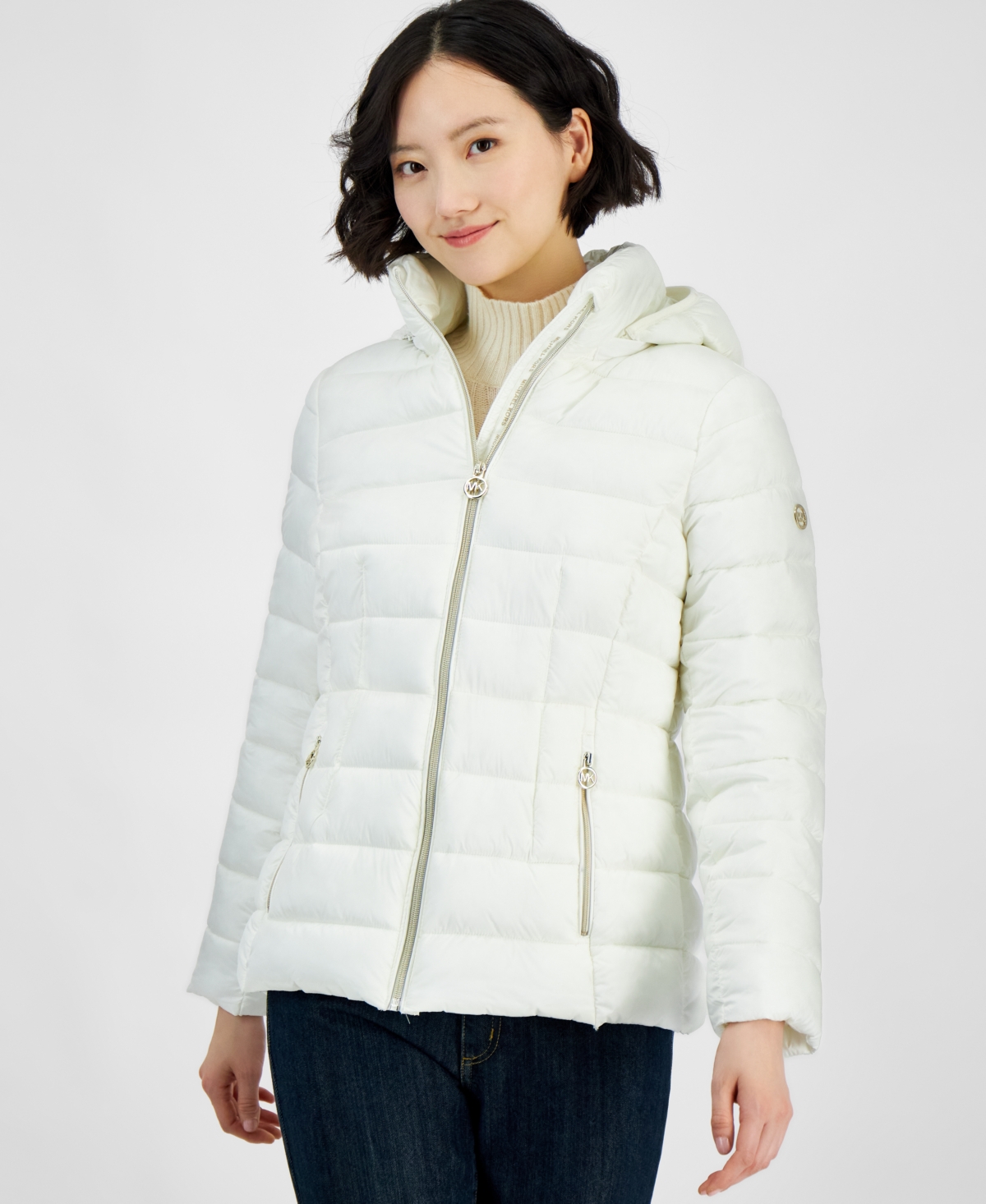 Michael Kors Michael  Women's Hooded Zip Packable Down Puffer Coat In Bone