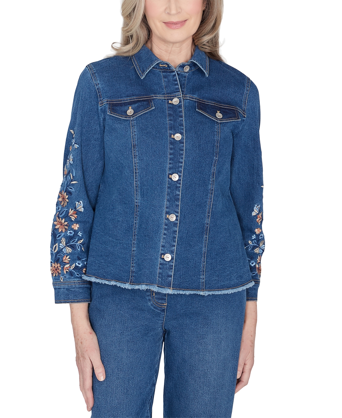 Alfred Dunner Scottsdale Women's Floral Embroidered Fringe Jacket In Meddenm