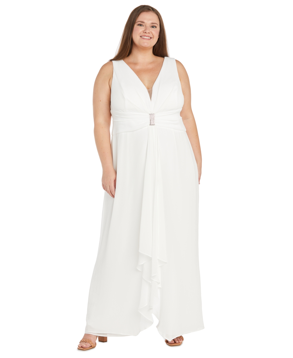 R & M Richards Plus Size Plunge-Neck Chiffon Jumpsuit