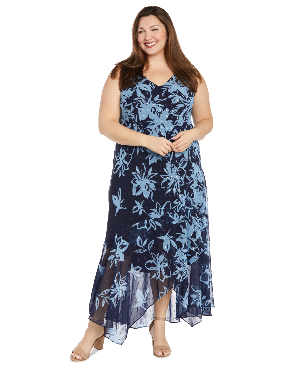 R & M Richards Plus Size Printed Handkerchief-hem Dress And Jacket In Navy,periwinkle