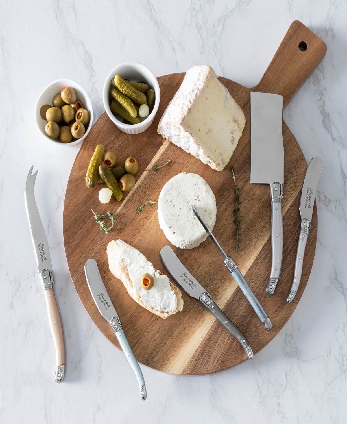 French Home Laguiole Cheese 7-piece Knife And Spreader Set With Mother Of Pearl Handles In Tan,blue,white
