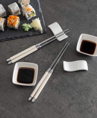 Chopsticks with Faux Ivory Handles, Ceramic Rests and Sauce Bowls, Set of 2 Pairs