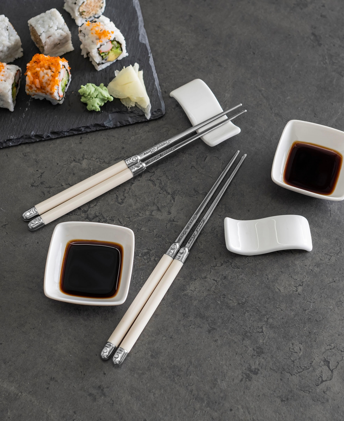 French Home Chopsticks With Faux Ivory Handles, Ceramic Rests And Sauce Bowls, Set Of 2 Pairs In Faux Ivory
