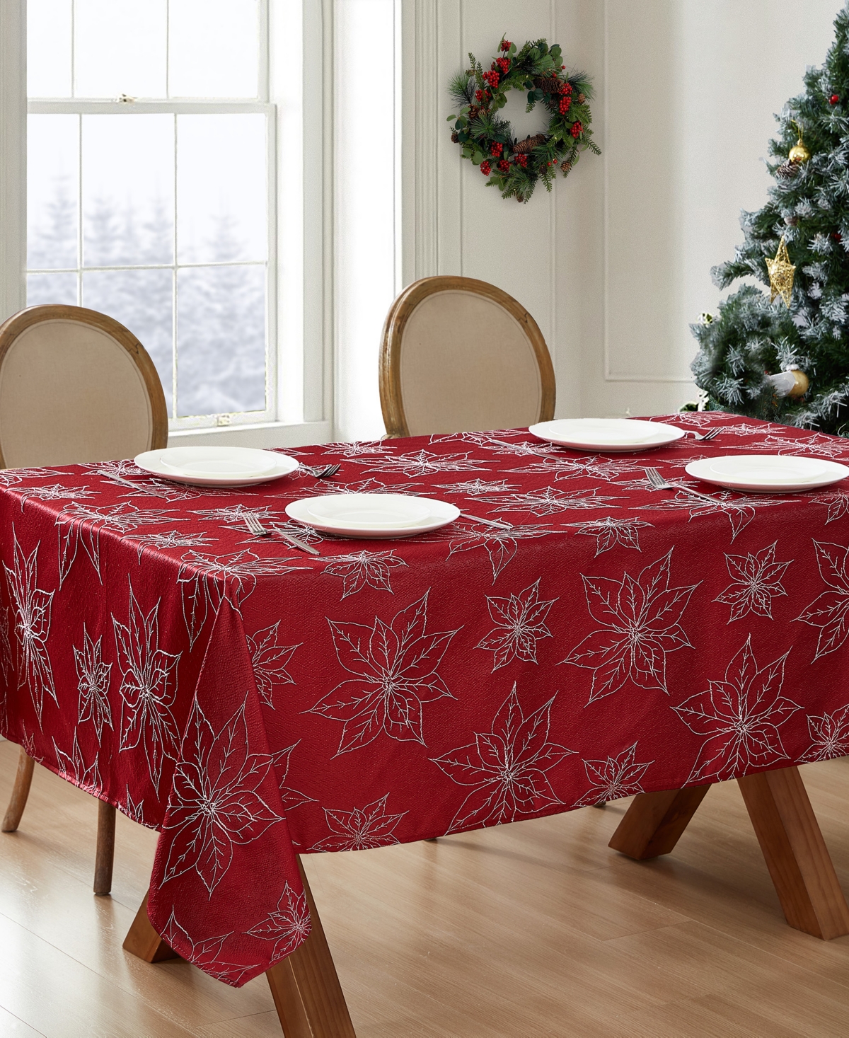Laura Ashley Raised Woven Tablecloth, 60" X 120" In Poinsettia