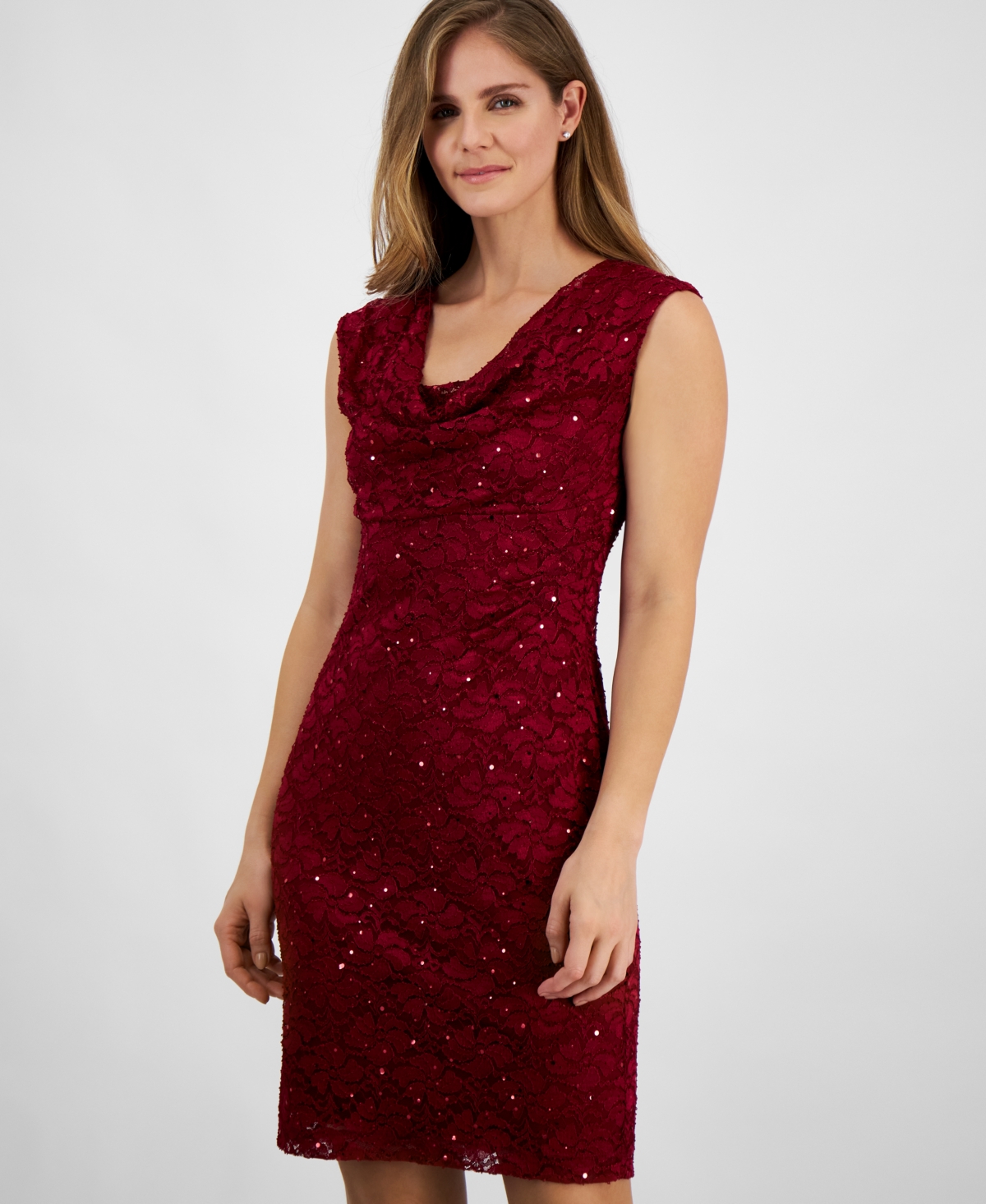 Connected Women's Draped Short-Sleeve Lace Sheath Dress
