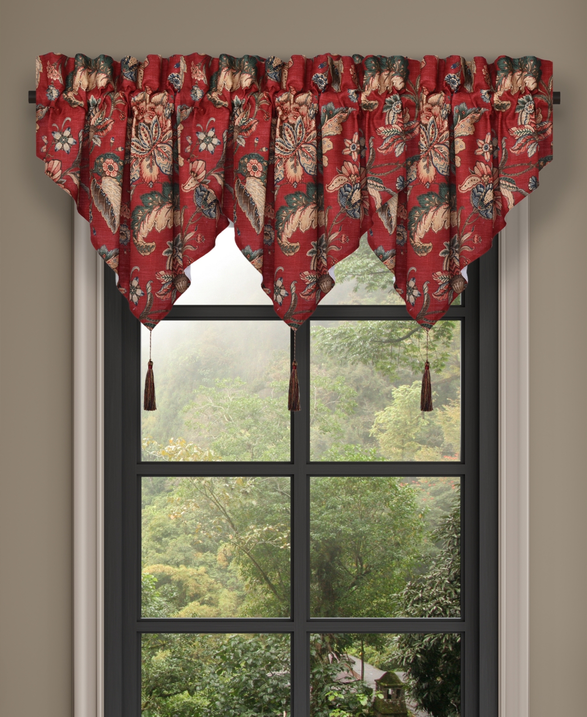 J Queen New York Enchanted Garden Window Ascot Valance, 40" X 21" In Red
