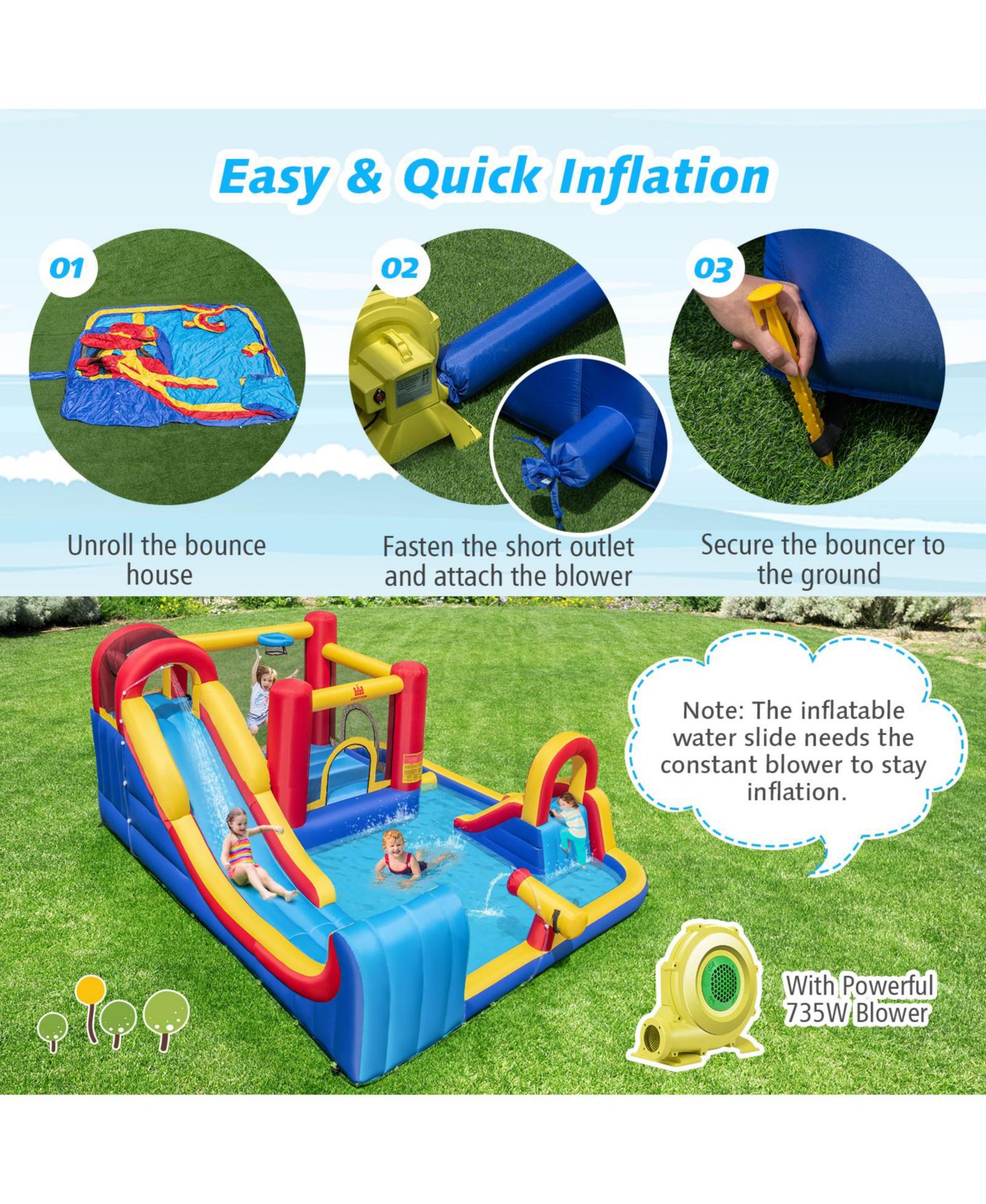 Детские игрушки INOLAIT 7 in 1 Outdoor Inflatable Bounce House with Water Slides, Splash Pools, and 735W Blower — фото 8