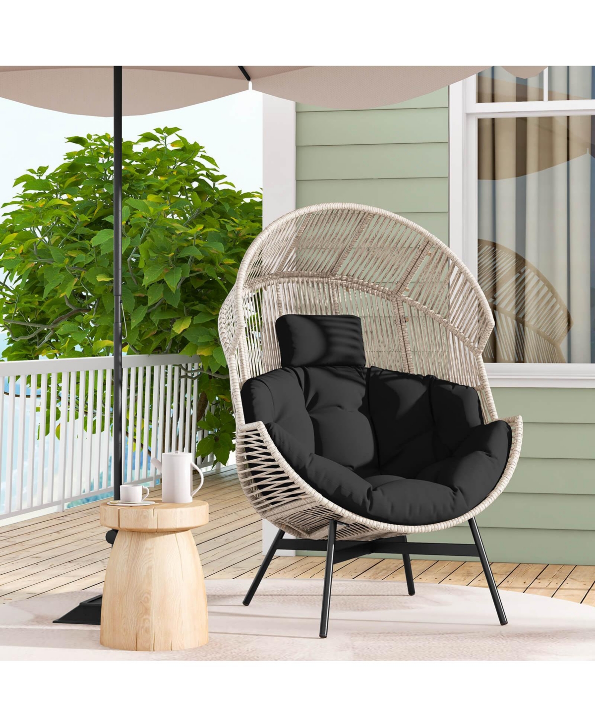 Oversized Egg Style Chair with Cushions & Headrest Heavy-Duty Metal Frame for Yard