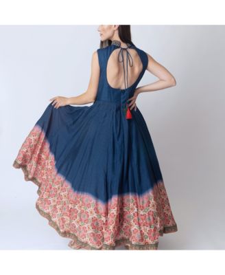 Women's Blue Anarkali Suit with Hand Embroidery on the Torso and Patola Print on the Hem