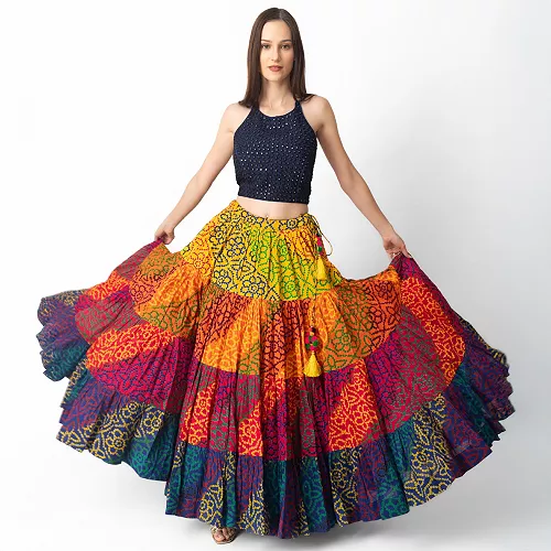 women's 3 piece dress with mirror embroidery crop top and multicolor tiered skirt