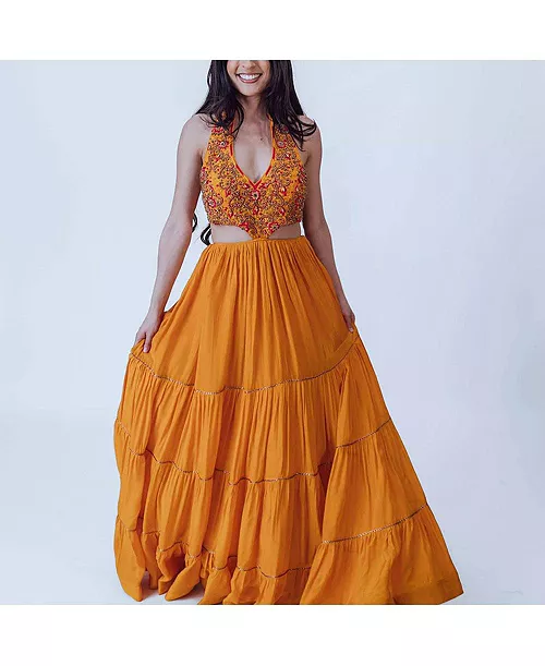 women's hand embroidered tiered yellow gown with cutouts