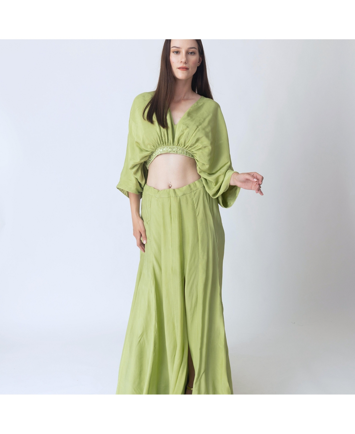Raas Women's Green Silk Co-Ord Set with Flowing Skirt Slit and Crop Top Dolman Sleeves