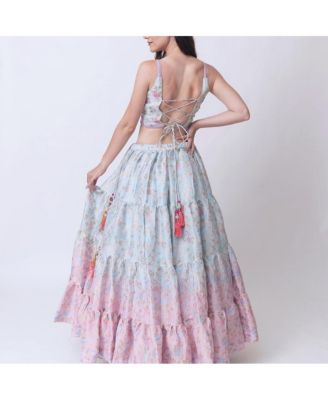 Women's Pastel Floral Jacquard Silk Crop Top with Beadwork and Tiered Skirt Set with Dupatta
