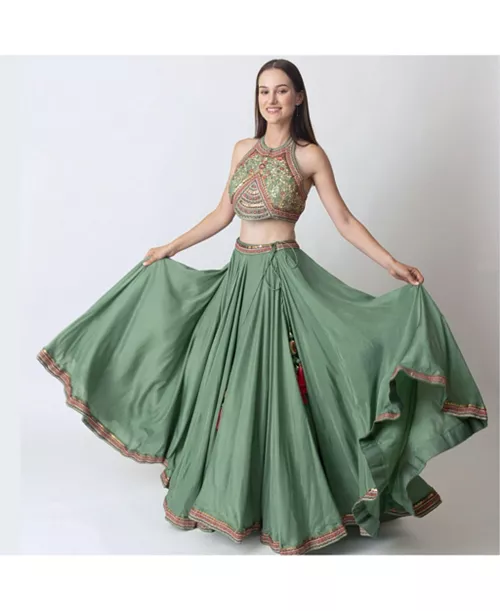 women's pista green hand embroidered crop top and skirt set with floral handwork