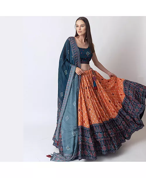women's bandhani and ajrakh print chaniya choli with mirror work