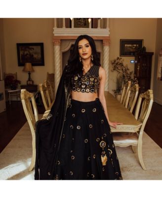 Women's Blue and Gold Hand Embroidered Raw Silk Lehenga Choli