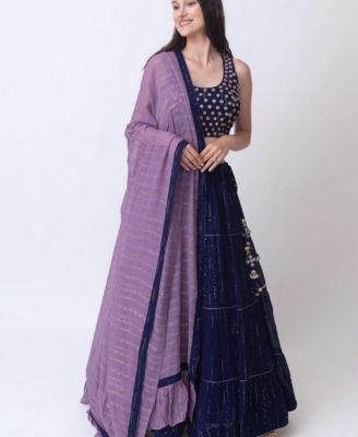 Women's Navy Blue Lehenga Choli Set with Tiered Skirt and Mirror Work Blouse
