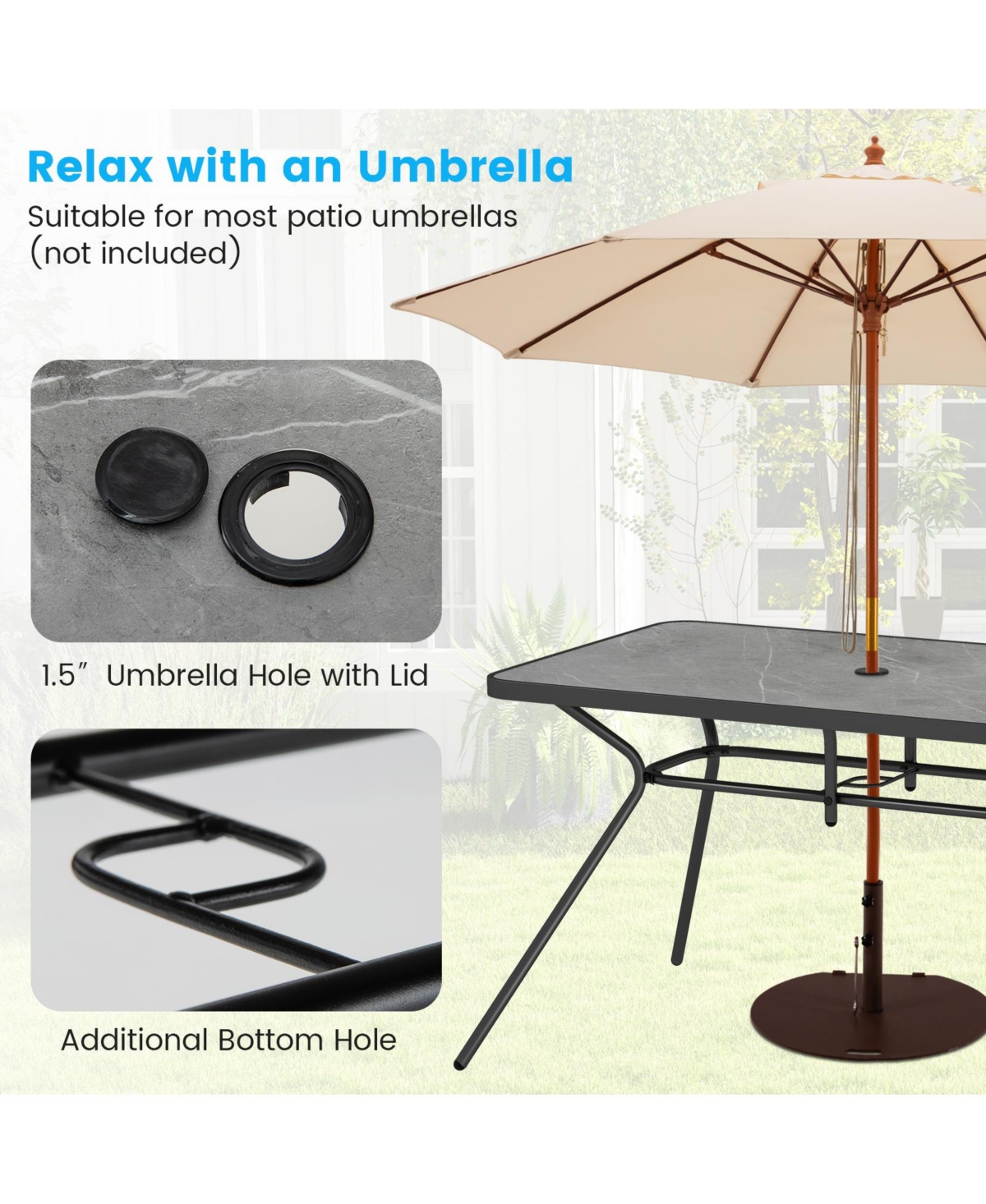 Sugift Patio Rectangle Dining Table with Umbrella Hole