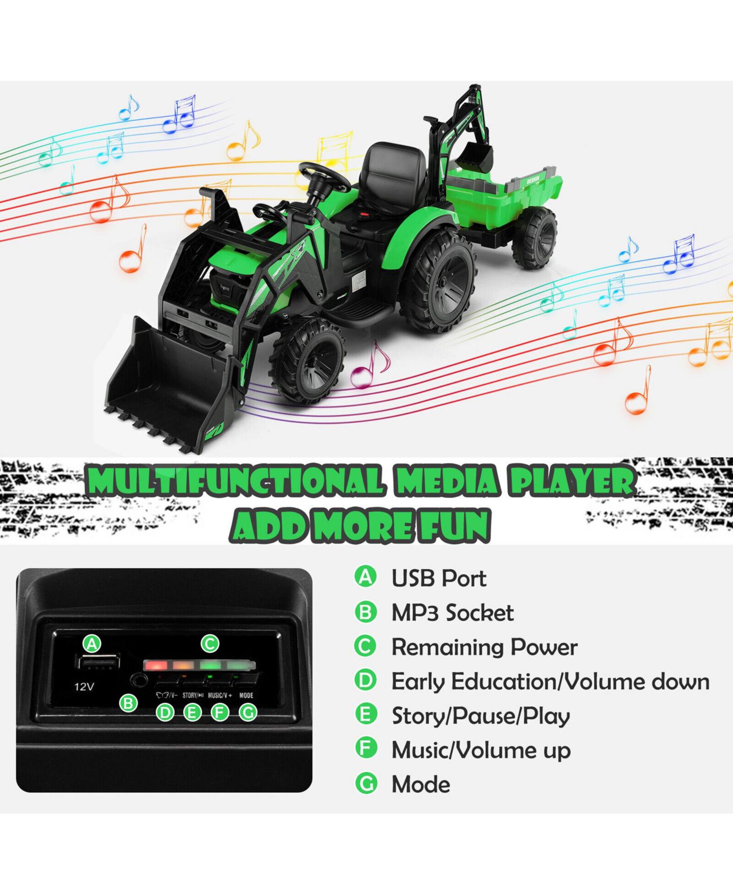 Детская игрушка Gymax 3-in-1 12V Electric Ride-On Excavator, 66 lbs Capacity, от 3 лет, цвет: Чёрный, вариант 1 — фото 8