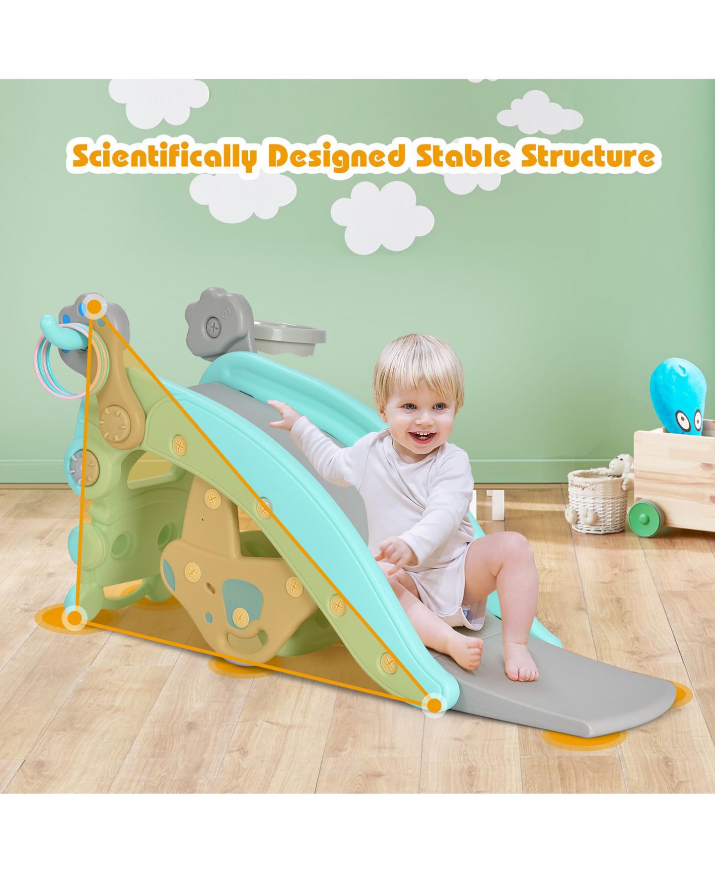 Детские игрушки Costway 4-in-1 Rocking Horse & Slide Set, Hdpe, with Basketball Hoop and Ring Toss, Ages 1-5, цвет: Синий — фото 8