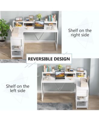 55-inches Reversible L Shaped Desk with Drawer, Modern White L Corner Desk Home Office Table, Wooden and Metal PC Desk