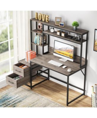 55 Inch Computer Desk with 2 Drawers and Storage Shelves, Rustic Office Desk with Hutch, Study Writing Gaming Table Laptop Workstation