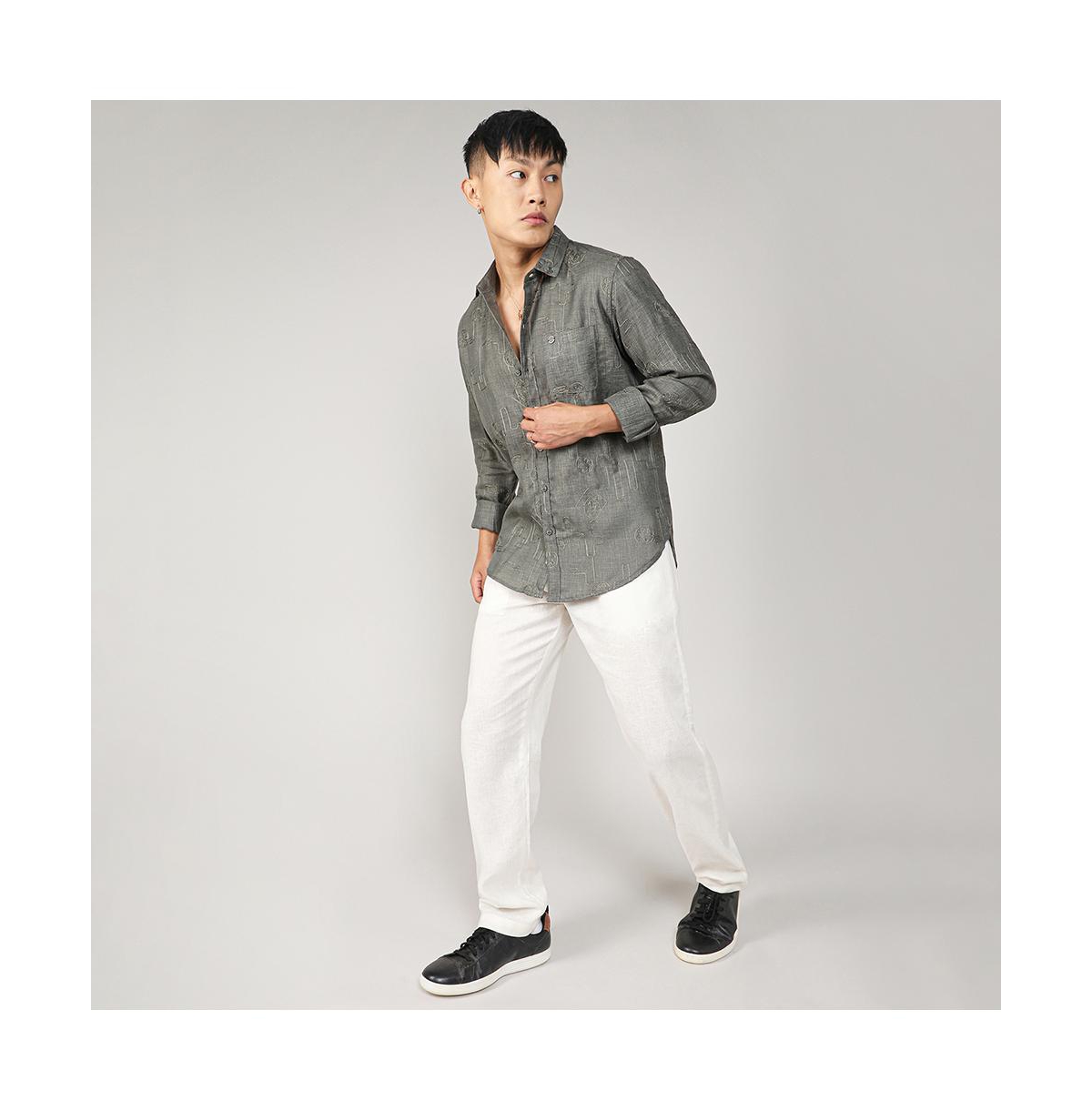 Campus Sutra Men's OliveEmbroidered One-Lined Shirt - Green