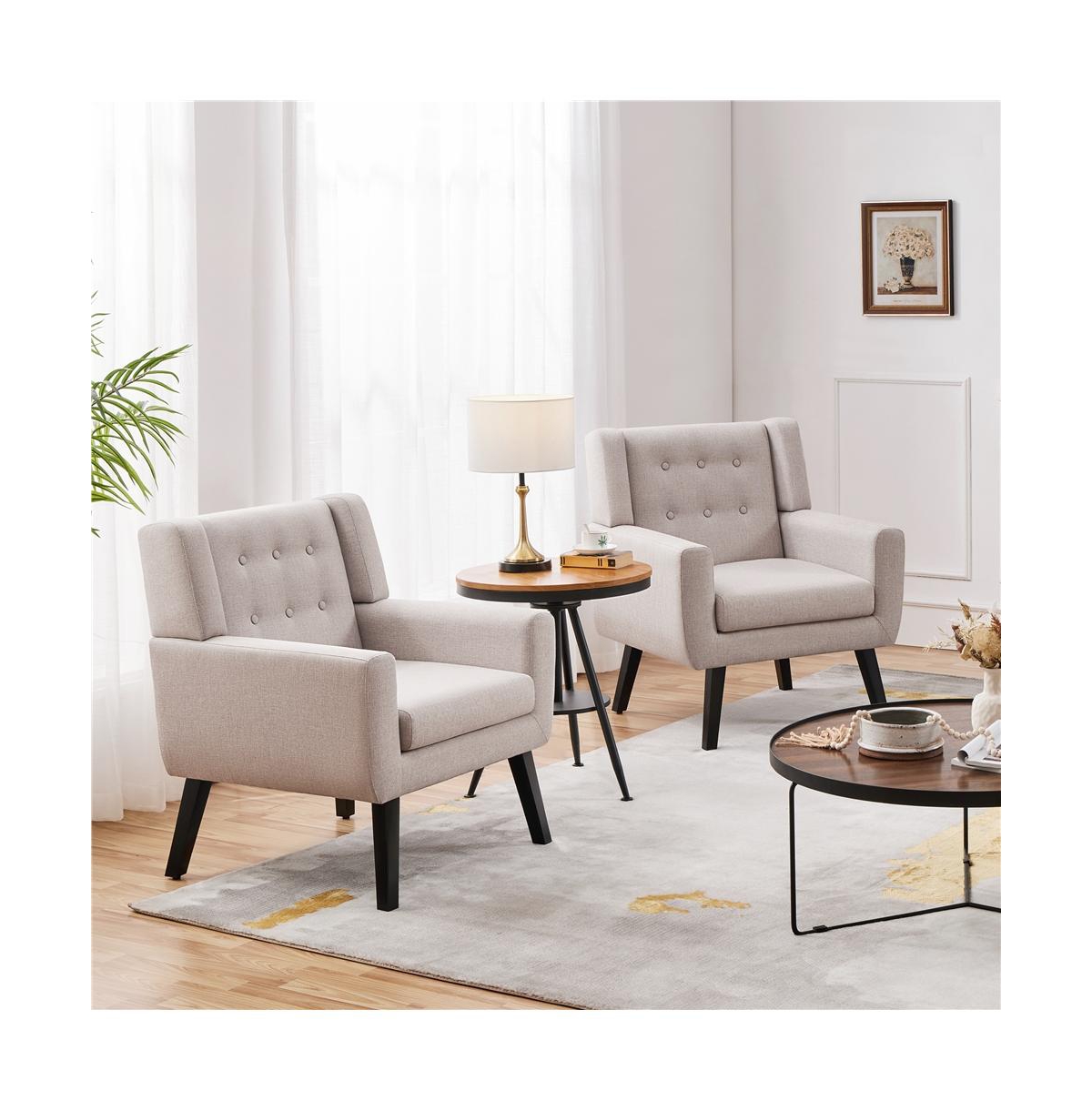Yaheetech Linen Fabric Upholstered Button Tufted Armchair with Solid Wood Legs with Thick Removable Seat Cushion,- Beige