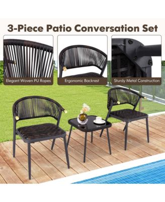 3 PCS Patio Rattan Furniture Set with Tempered Glass Tabletop Wicker Seat
