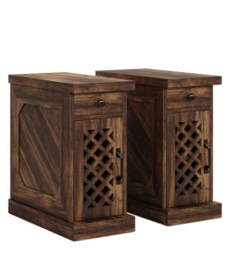 End Table Set of 2, Narrow Side Table with Drawer and Cabinet, Farmhouse Nightstand Sofa End Table for Small Space, Living Room, Bedroom, Vintage Brown