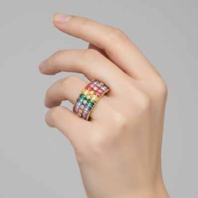 Sterling Silver 14k Gold Plated Rainbow Cubic Zirconia Cluster Ring