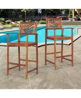 2 Pieces Outdoor Acacia Wood Bar Chairs with Sunflower Backrest and Armrests