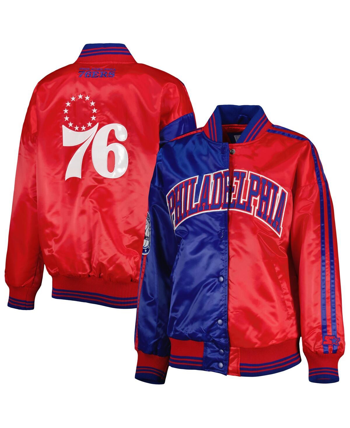 STARTER WOMEN'S ROYAL/RED PHILADELPHIA 76ERS SPLIT COLORBLOCK SATIN FULL-SNAP VARSITY JACKET 
