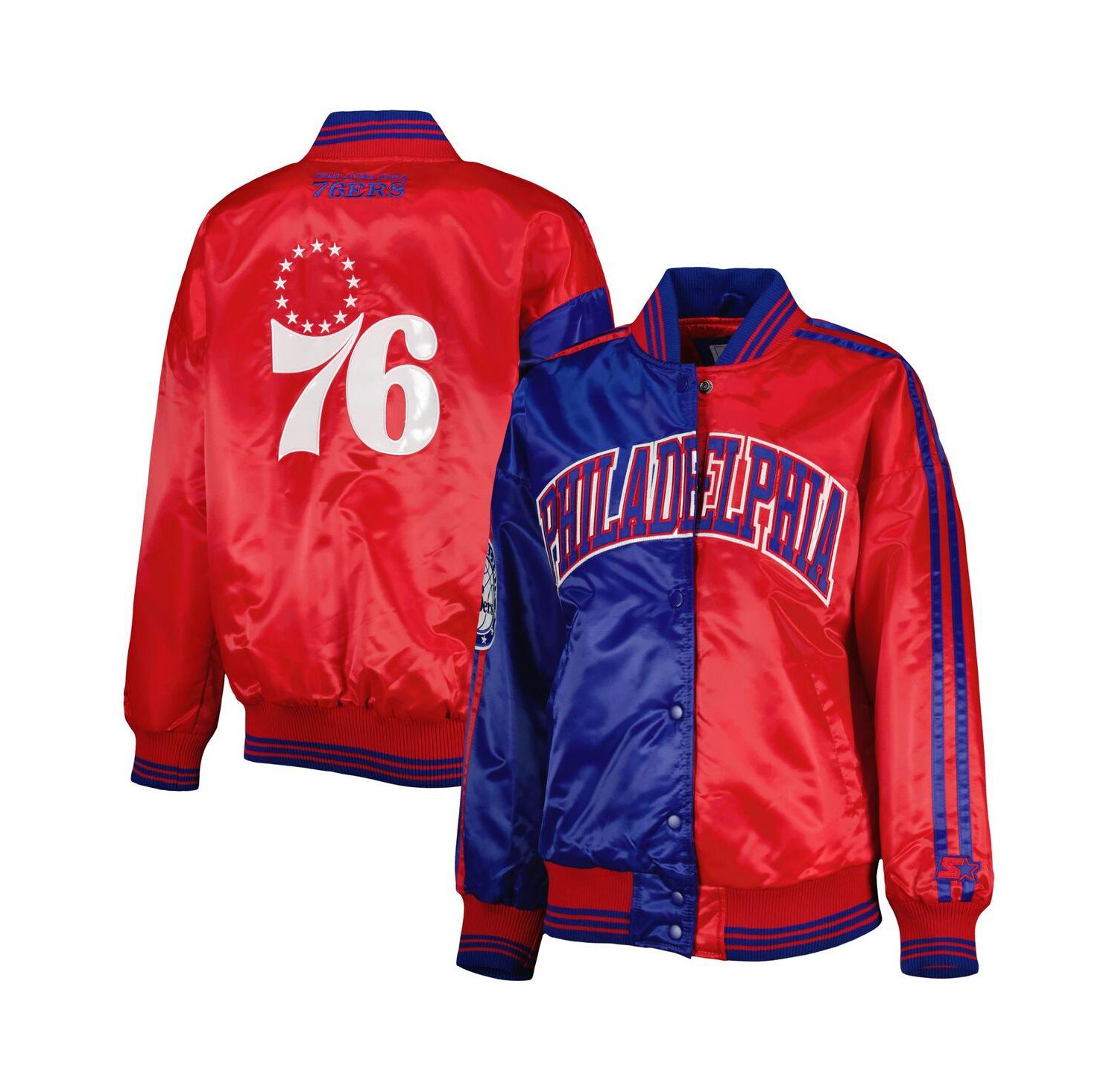 Women's Royal/Red Philadelphia 76ers Split Colorblock Satin Full-Snap Varsity Jacket